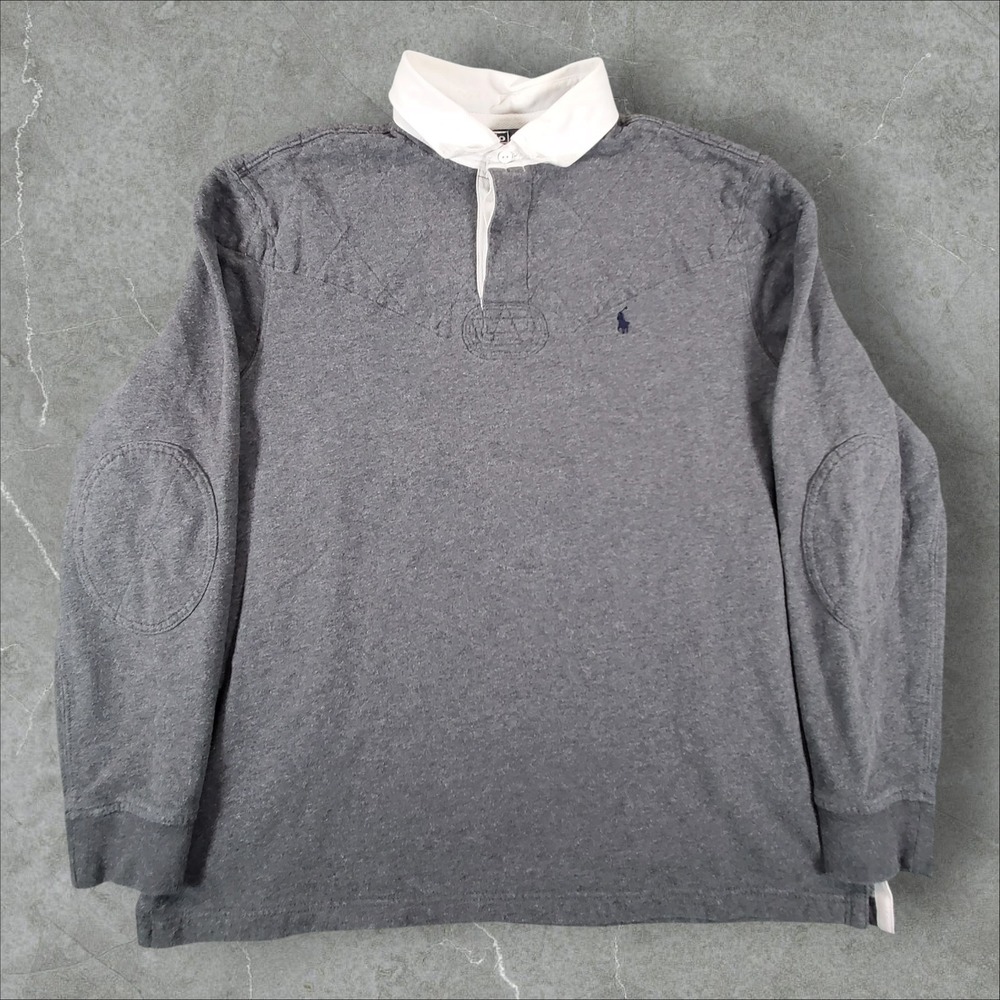 Polo Ralph Lauren Rugby Shirt Mens XL Gray Long Sleeve Elbow Patches Y2K Skater